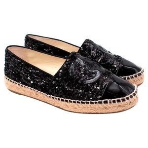 Chanel Black Sequin & Patent Toe Cap Espadrilles 37